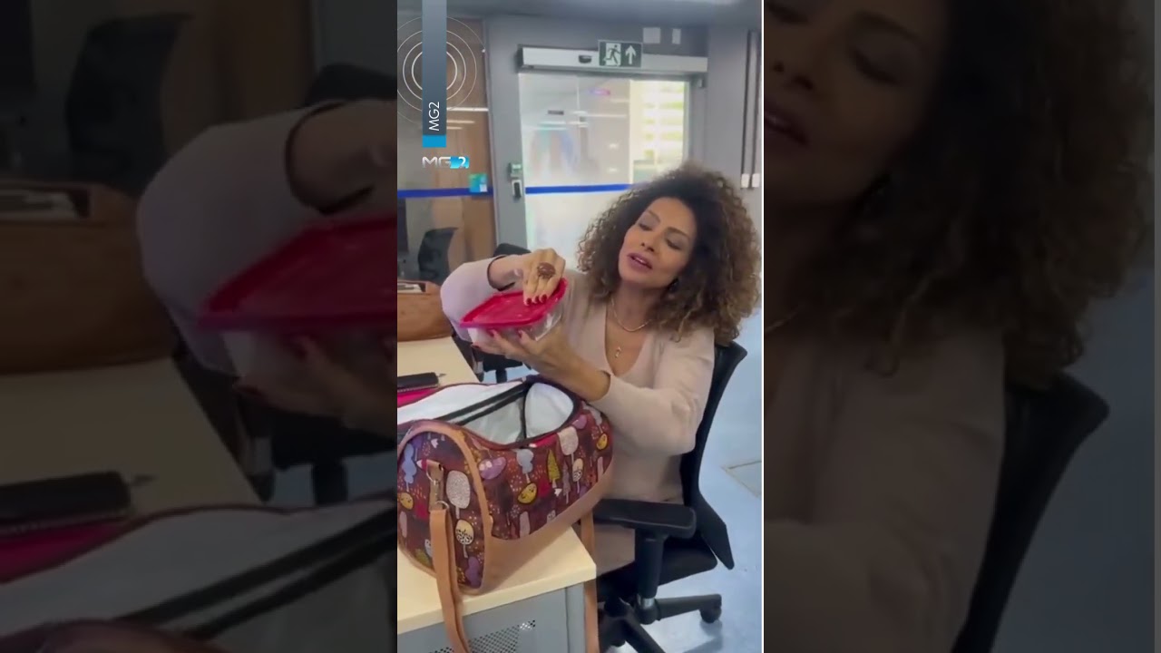 Apresentadora do MG2 mostra o que leva na lancheira para o dia de trabalho bastidores shorts