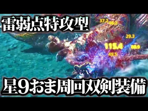 【星9】雷弱点モンスター5～6分狩猟。快適に扱えるおまもり周回用、雷特攻型双剣装備紹介&実践【モンハンワイルズ】
