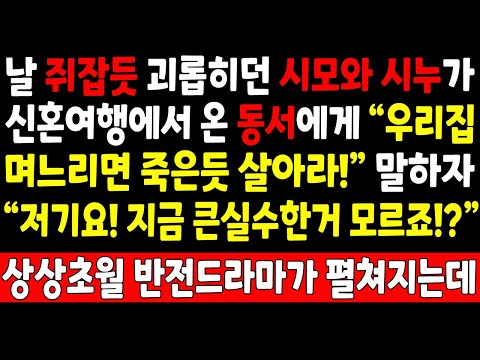 실화사연-날 쥐잡듯 괴롭히던 시모와 시누가 신혼여행에서 온 동서에게 "우리집 며느리면 죽은듯 살아라!" 말하자 "지금 실수하신 겁니다" 상상초월 반전드라마가 펼쳐지는데_사이다사연