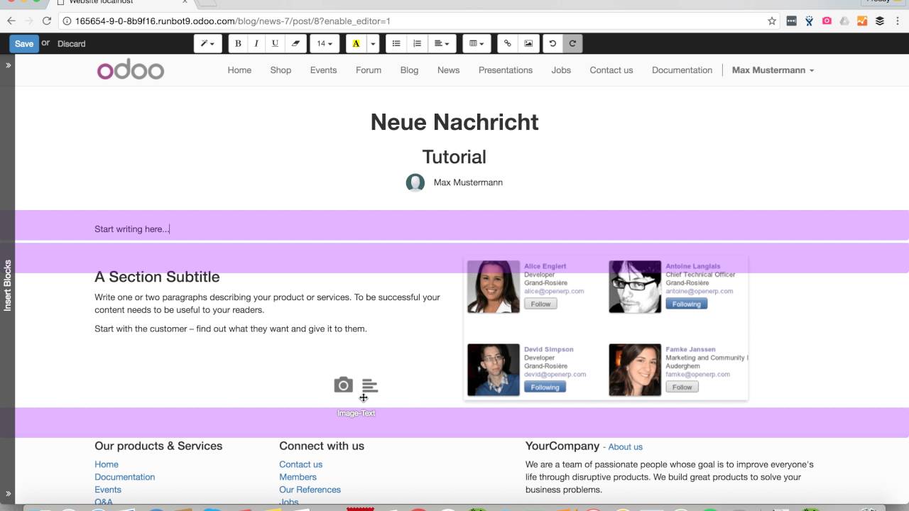 Odoo Website Blog - Tutorial | 12.08.2016

Das Tutorial zeigt, welche Funktionen der Blog in Odoo 9 beinhaltet. Dazu legen wir einen neuen Blogbereich an, erstellen einen ...