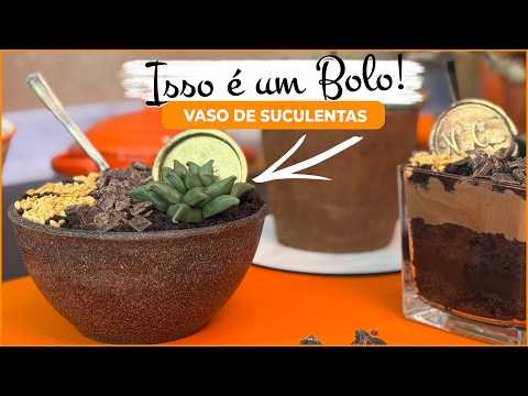 Bolo de pote em formato de vaso de suculentas