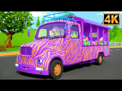 Learn Animal on Jungle Safari Ride with Wheels on the Bus,  4k Street Vehicle Song for Kids