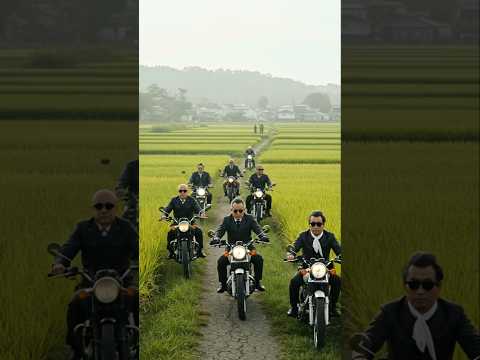 田舎の田んぼ道をバイクで走るおじさんワイルドライダー達