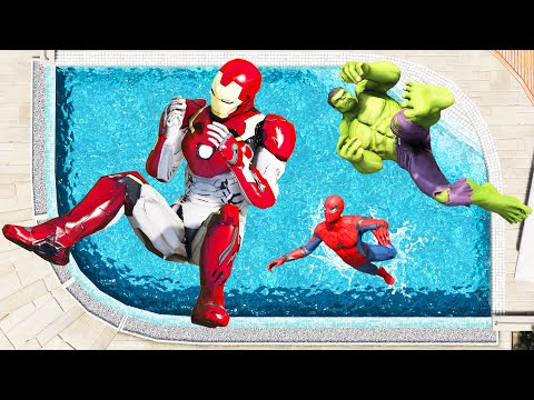 GTA 5 Spiderman vs Hulk vs Iron Man vs Deadpool Crazy Water Ragdoll Jumps and Fails!