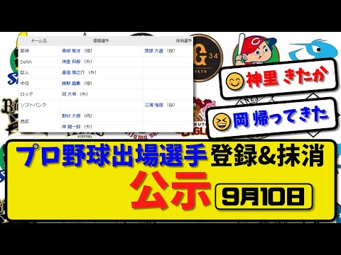 【公示】プロ野球 出場選手登録＆抹消 公示9月10日発表｜阪神漆原 ソフ三浦ら抹消|阪神青柳 横浜神里 巨人重信 中日勝野 ロッテ岡 西武野村&岸ら登録【最新・まとめ・反応集・なんJ・2ch】