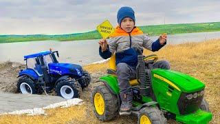 Damian and Darius Save the Car from Mud 🚜 Tractors with Trailer to the Rescue | KidsCoco Club