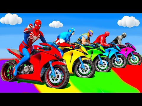 الأبطال الخارقين على القضبان دوامة قمع جسر 🏍️🐱SPIDER MAN!on Motorcycle in Spiral Bridge Stunt Rid