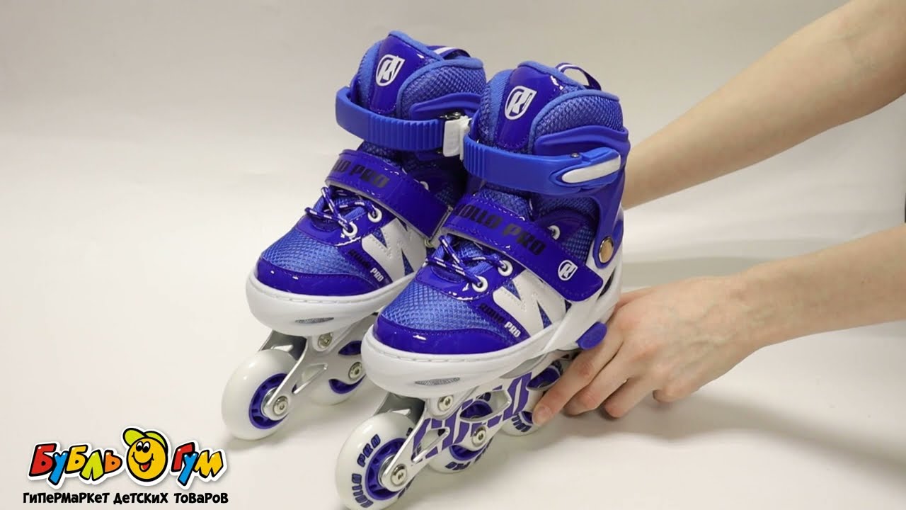 Коньки роликовые ROLLO PRO с липучкой синие с белыми вставками  - видео