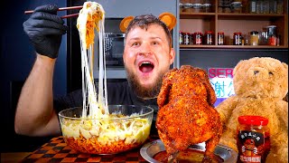 SPICY CHEESE NOODLES AND BBQ CHICKEN, ASMR MUKBANG, АСМР МУКБАНГ, 먹방, 大食い, たべる, 谢尔盖
