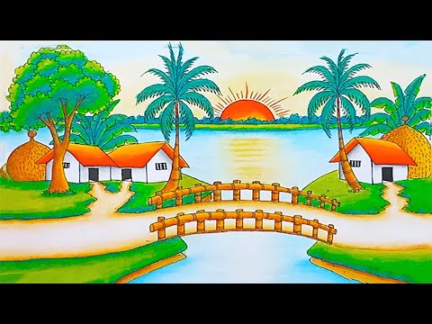 How to Draw a Beautiful Riverside Village Sunset with Oil Pastels | Easy Landscape drawing Tutorial