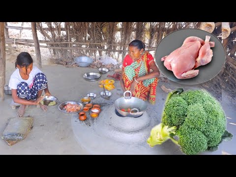 BROCAULI CHICKEN CURRY cooking & eating by santali tribe grandmaa