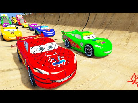 SPIDERMAN McQueen Friends Water SLIDE Ramp Challenge ! SUPERHERO HULK Disney Car MACK TRUCK  - GTA V