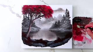 Painting a Red Tree on the Lake | Acrylic Landscape Art | Oval Brush Technique #landscapeart #art
