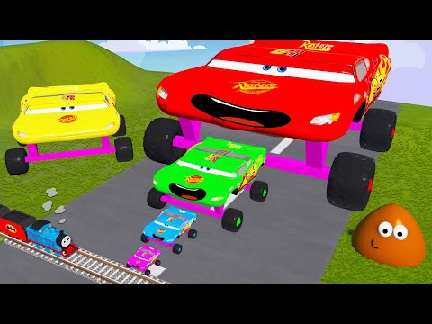 Big & Small, Tall & Short Wide Lightning Mcqueen with Monster Truck Wheels vs Trains Thomas - BeamNG