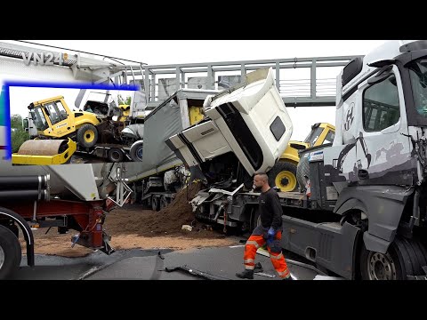 06.05.2024 - VN24 - LKW fährt auf vorausfahrenden Tieflader mit Straßenwalze - volle Bergung