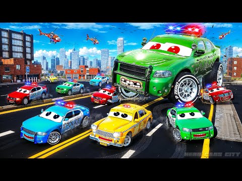 Crazy City Police Car Chase! Giant Green Police Monster vs Hero Cars 🟢💥 | Taxi Joins the Battle!