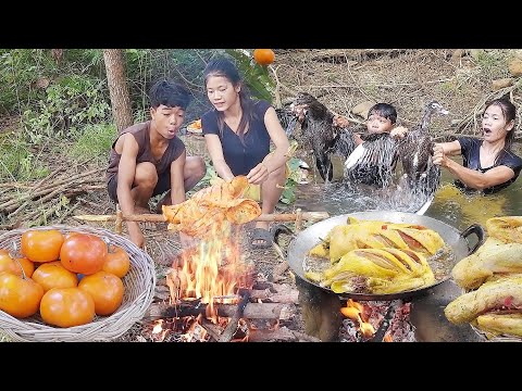 Survival skills, Cooking duck spicy for dinner, Pork head hot chili cooking, Catch and cook duck