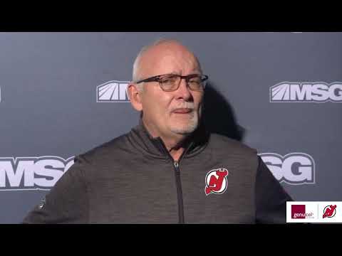 Lindy Ruff speaks before the Devils' game against the Buffalo Sabres