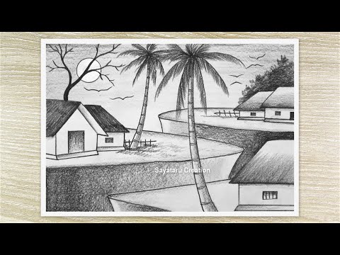 Beautiful Sunset Landscape with Pencil Sketch, Pencil Drawing for Beginners