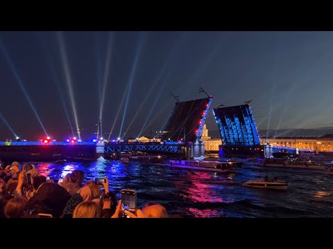 Raising of Palace Bridge at White Night (1AM) in St Petersburg, Russia WOW!