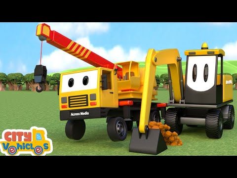 Construction vehicles rescue trapped oil truck- -crane truck, bulldozer and firetruck for kids