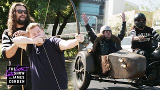 Thumbnail for the video "2 Hours Off w/ Jason Momoa - Whips, Arrows & Motorcycles" from The Late Late Show with James Corden