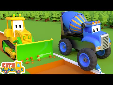 Construction Vehicles Assemble excavator and plant tree;  bulldozer and crane truck for kids.