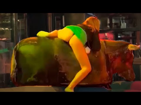 WHYYY??? 😲  PRETTY GIRLS Riding on a Bull in Benidorm 2024 😍 Mechanical Bull Riding 4K Spain