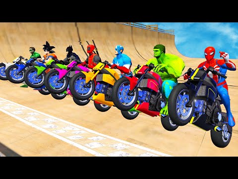 SPIDERMAN Team Racing Motorcycles Challenge with Avengers Superheroes sports Cars Jumps Race - GTA 5