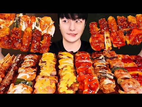 SUB)불향가득 매콤한 양념 닭꼬치 먹방!🔥 삼겹팽이버섯 염통 닭껍질 데리야끼 치즈맛 여러가지 길거리 꼬치에 맥주까지 Chicken Skewers Mukbang asmr