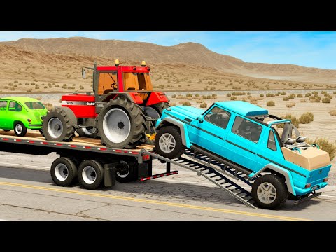 Tractor Cars Transportation with Truck on Flatbed Trailer - Speed Bump vs Car #5 - BeamNG.Drive