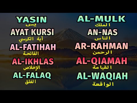 Yasin, Ayat Kursi, Al Fatihah, Al Ikhlas, Al Falaq, Al Mulk, An Nas, Ar Rahman, Al Qiamah, Al Waqiah