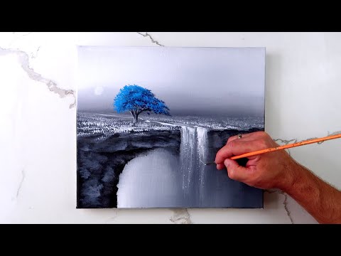 Painting a Blue Tree Waterfall | Easy Acrylic Landscape Art | Oval Brush