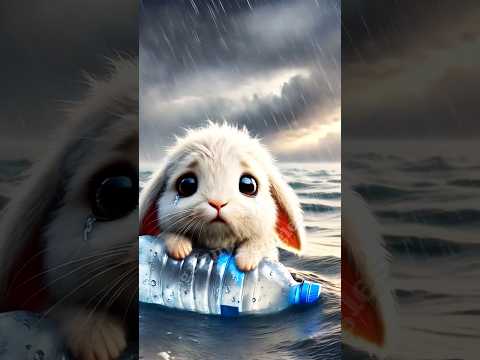 A little rabbit floating in the middle of a heavy rainstorm
