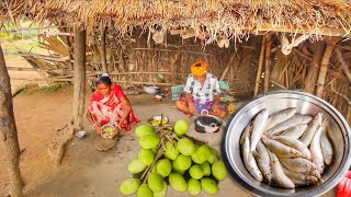 SMALL FISH with Taro Leaves and AMRA chatni cooking & eating by santali old grandmaa