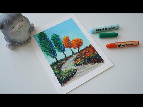 How to use hard oil pastels - Easy tree landscape drawing