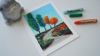 How to use hard oil pastels - Easy tree landscape drawing