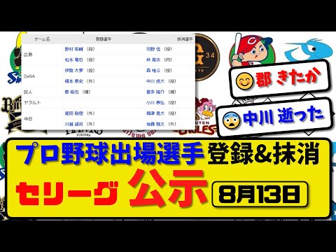 【公示】プロ野球 出場選手登録＆抹消 セ・リーグ公示8月13日発表｜広島河野&林 横浜森&中川 巨人喜多 ヤク小川 中日梅津&後藤ら抹消|広島松本 横浜伊勢&楠本 巨人郡 中日尾田&川越ら登録【最新】