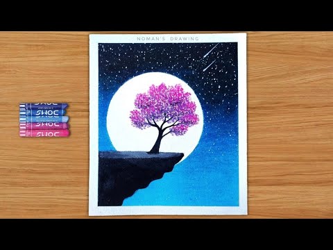 Oil Pastel Drawing - Moonlight night scenery drawing with oil pastel