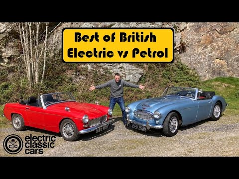 Electric MG Midget vs petrol powered Austin Healey 3000. Classic British sportscar road test.