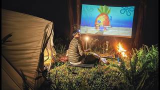 I MADE A SECRET CINEMA IN THE MIDDLE OF THE RAINFOREST | SOLO CAMPING ASMR