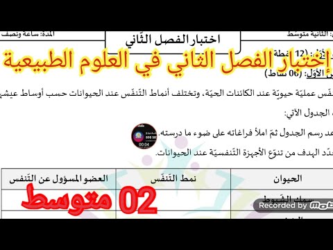 إختبار الفصل الثاني في العلوم الطبيعية السنة الثانية متوسط 