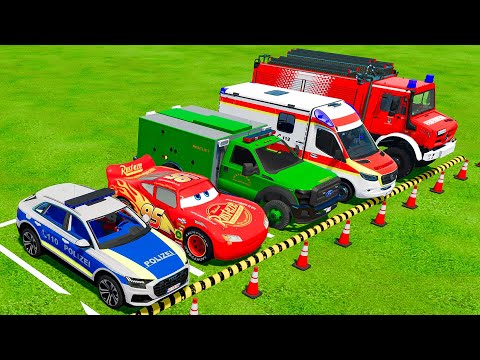 TRANSPORTING POLICE CARS, MCQUEEN, and FIRE ENGINE with BIG TRUCKS! Farming Simulator 22