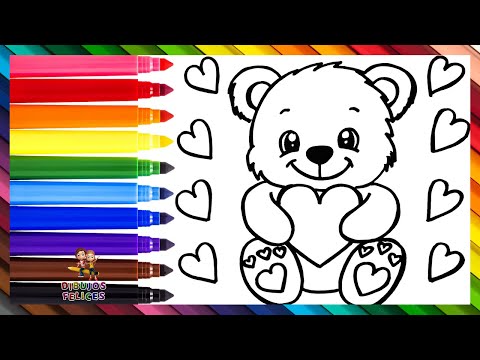 Dibuja y Colorea Un Osito Tierno Sosteniendo Un Corazón 🧸❤️ Dibujos Para Niños