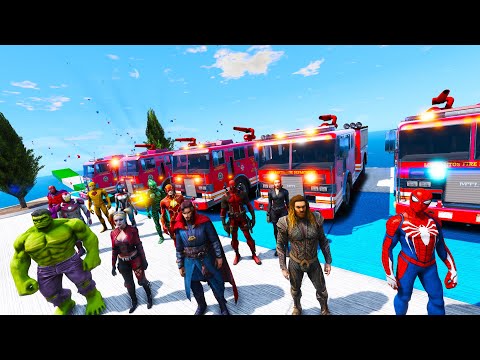 Red Fire Truck e Homem-Aranha Desafio Parkour Ramp com Heróis!  New Сhallenge and Sounds GTA 5