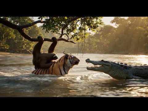 The Tiger Saves The sloth From The crocodile, The Crocodile Saves The Deer From Drowning