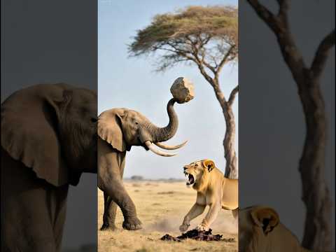 The elephant tightly sucks up a stone with its trunk and doesn't let go, chasing after the lion ...