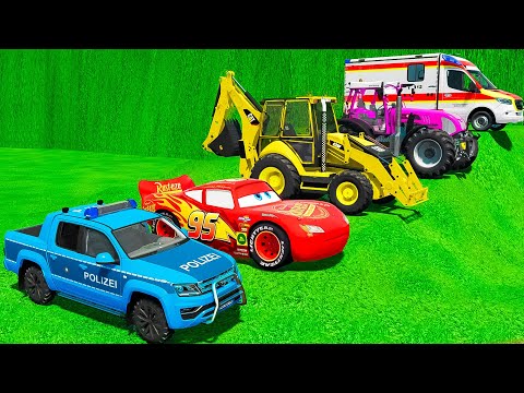 POLICE CARS, MCQUEEN Car, LOADER, COLORED TRACTOR, AMBULANCE WITH MEGA TRUCKS! Farming Simulator 22