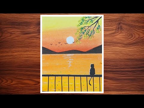 How to draw A Sunset Scenery | Soft pastel scenery | Easy and simple scenery drawing ideas