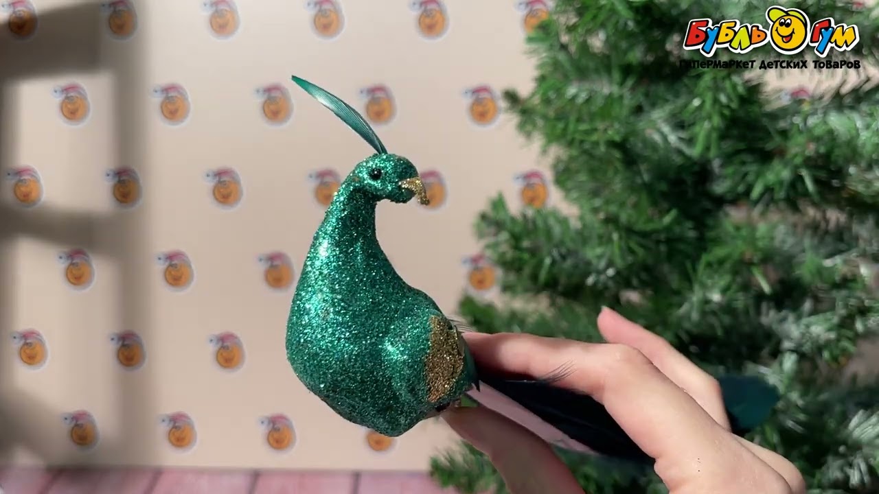 Украшение елочное Павлин зеленый с хвостом из перьев 20см - видео